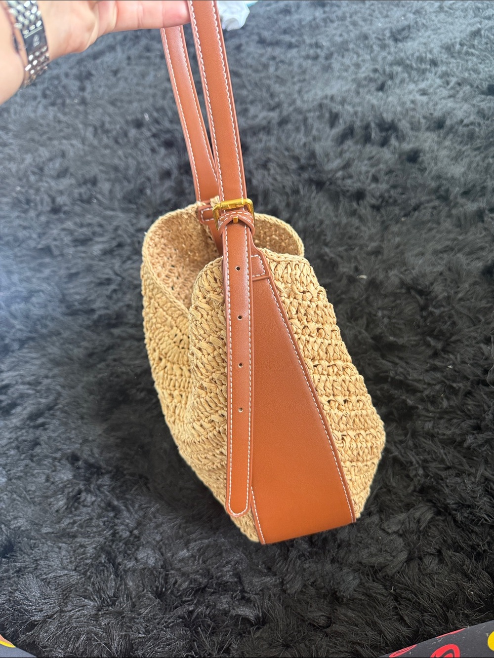 Woven Straw Shoulder Bag with Brown Trim Antik Kraft - Picture 3 of 4